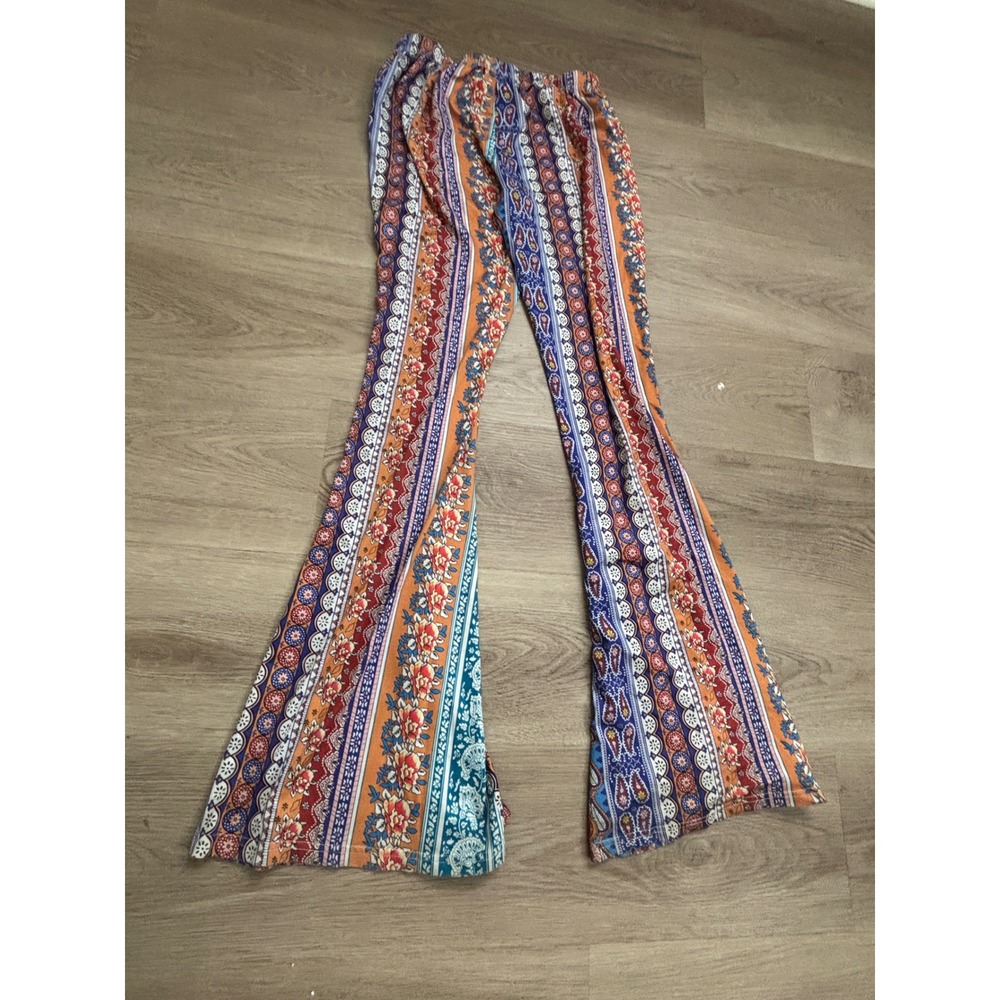 Boho Floral Paisley Flare Pants Multi Color Bell Bottom Stretch Trousers L